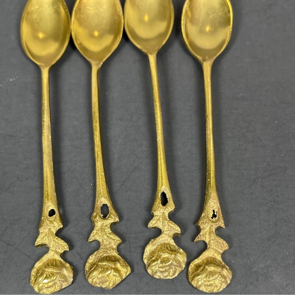 Brass Demitasse Coffee Spoon Dessert Salad Fork Gold Tone Rose Handle Set 4 VTG - Picture 8 of 13